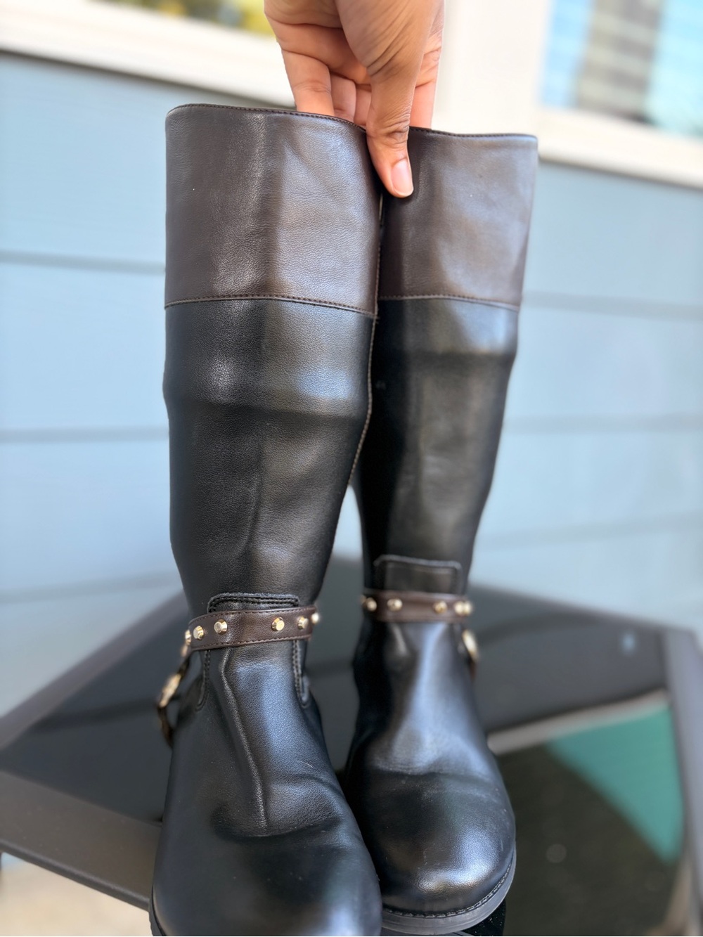 Michael Kors Black and Brown Two-Tone Knee-High Boots with Studded Strap